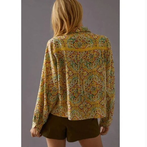 NWT Pilcro by Anthropologie Pintuck Peasant Blouse Yellow Floral Print XS - Picture 2 of 9